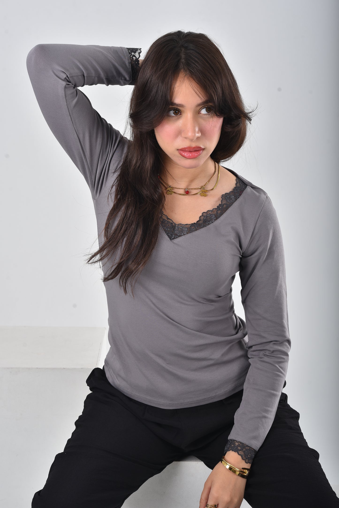 Grey Amara Lace-Trim V-Neck