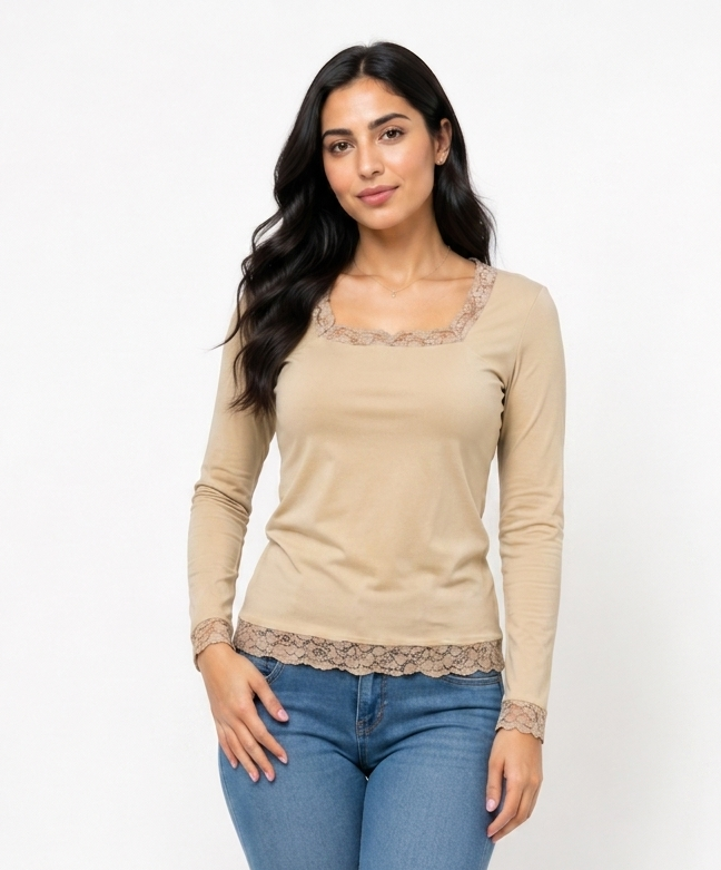 Beige Stella Lace-Trim Long Sleeve