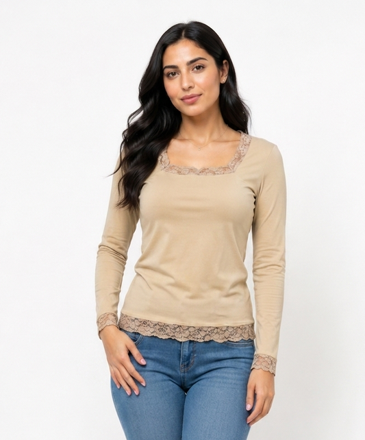 Beige Stella Lace-Trim Long Sleeve