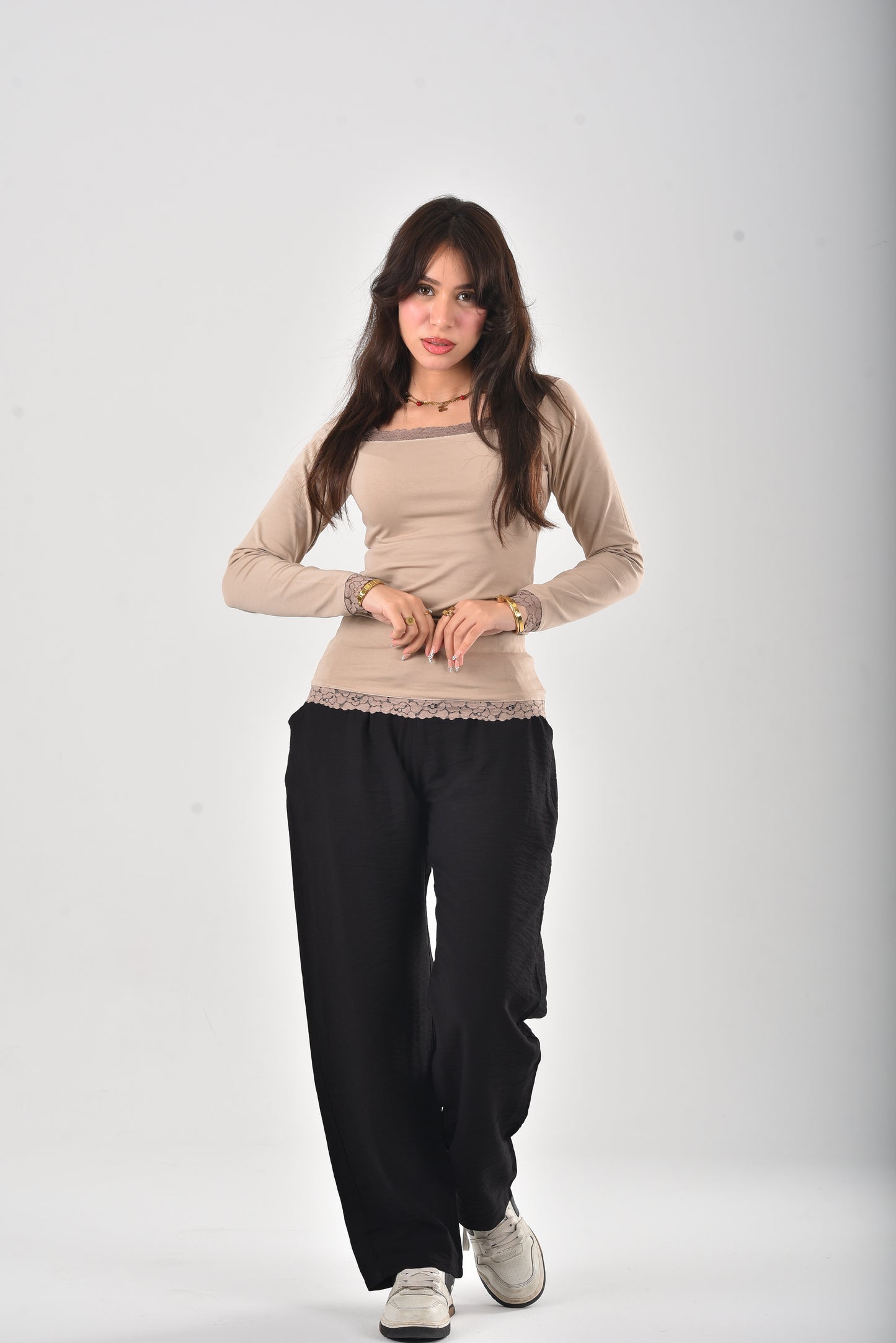 Beige Stella Lace-Trim Long Sleeve