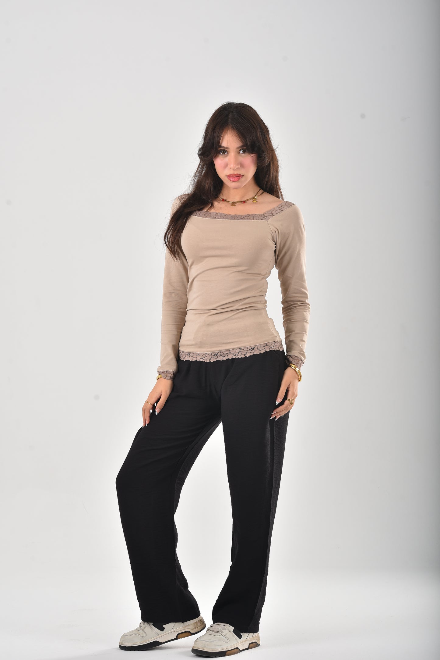 Beige Stella Lace-Trim Long Sleeve
