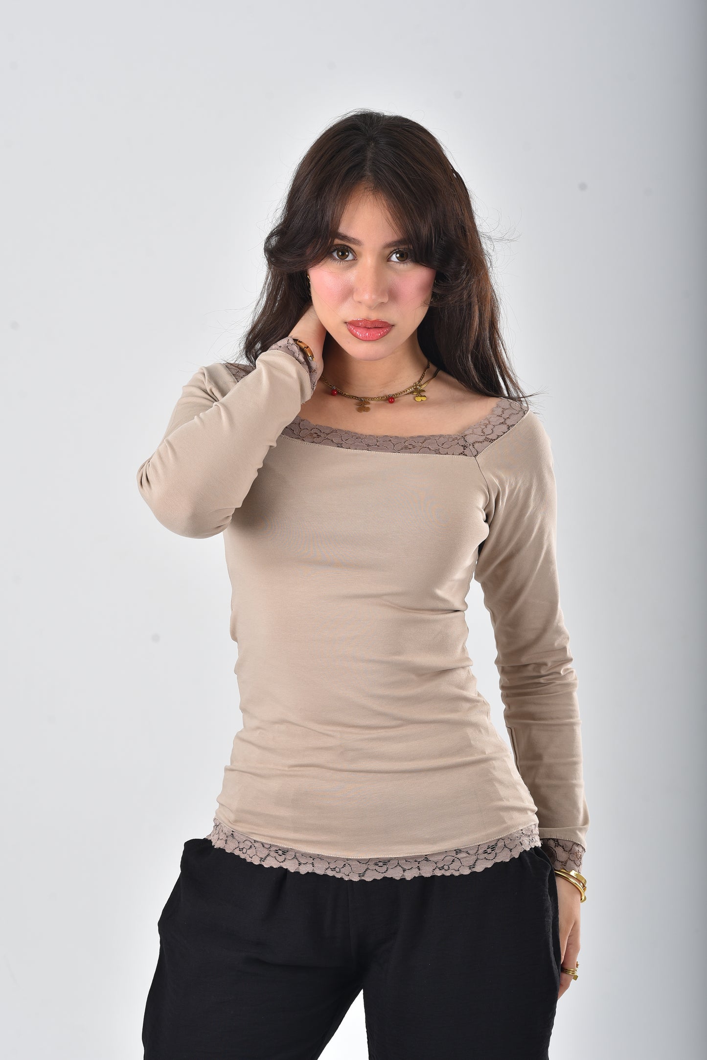 Beige Stella Lace-Trim Long Sleeve