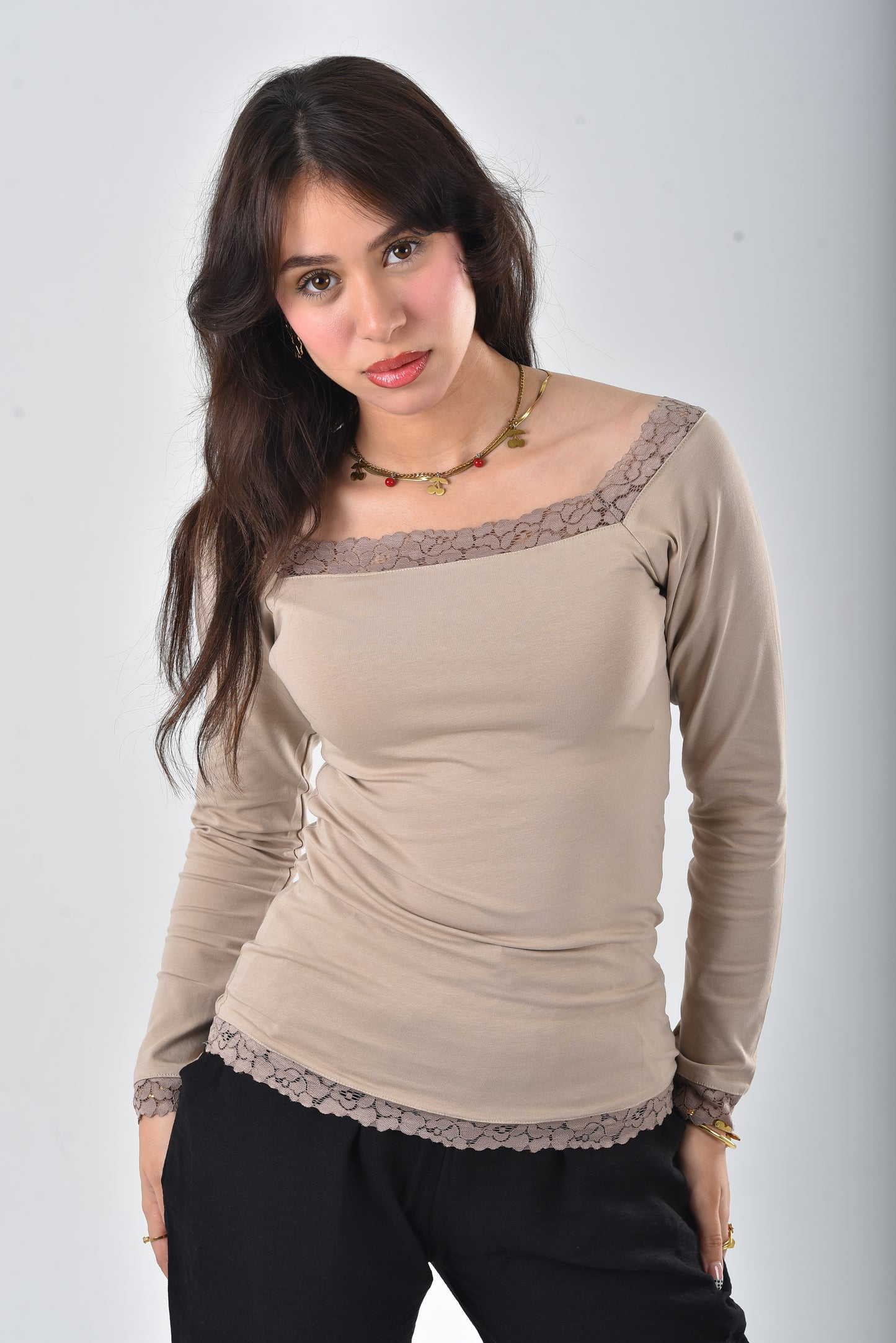 Beige Stella Lace-Trim Long Sleeve