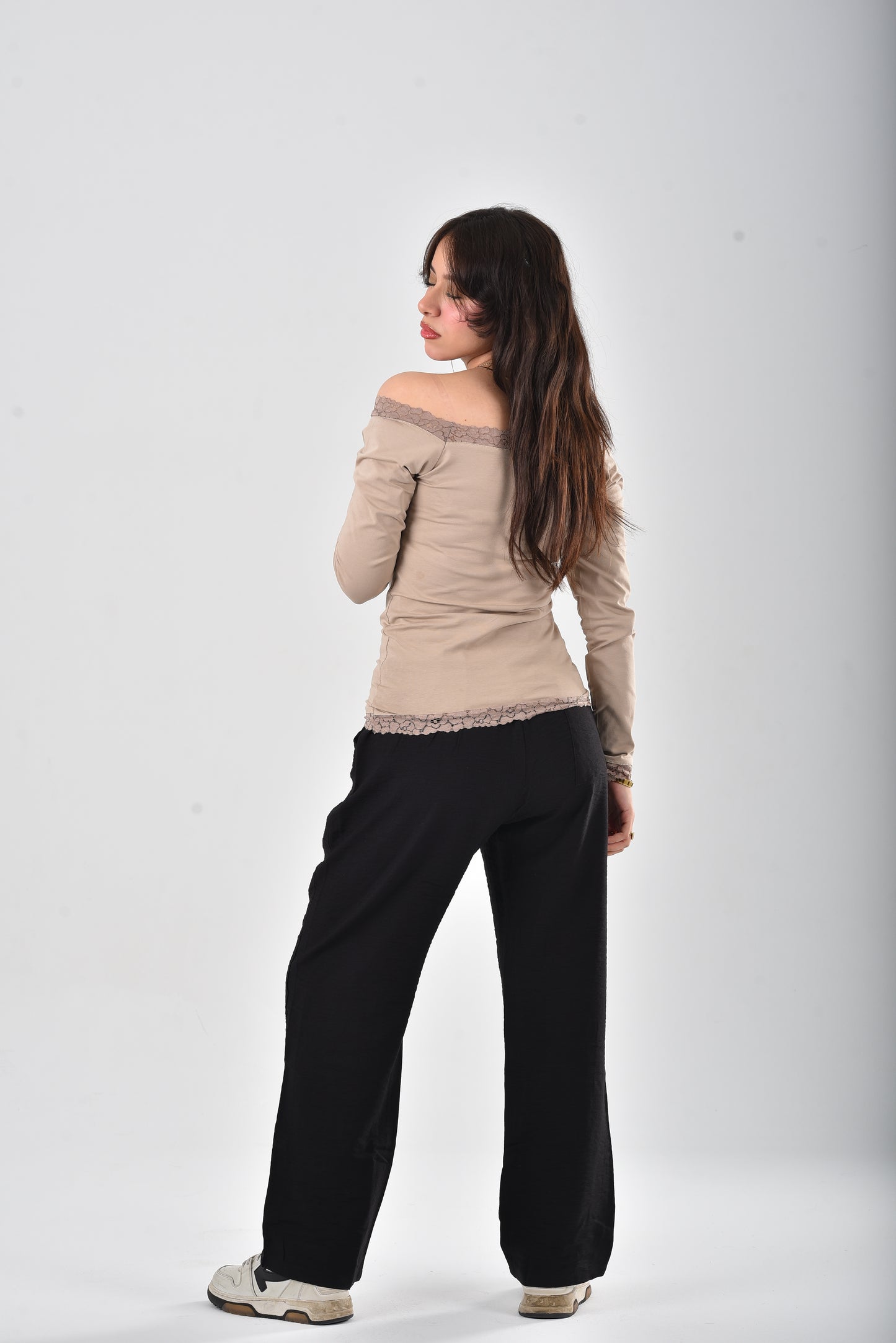 Beige Stella Lace-Trim Long Sleeve