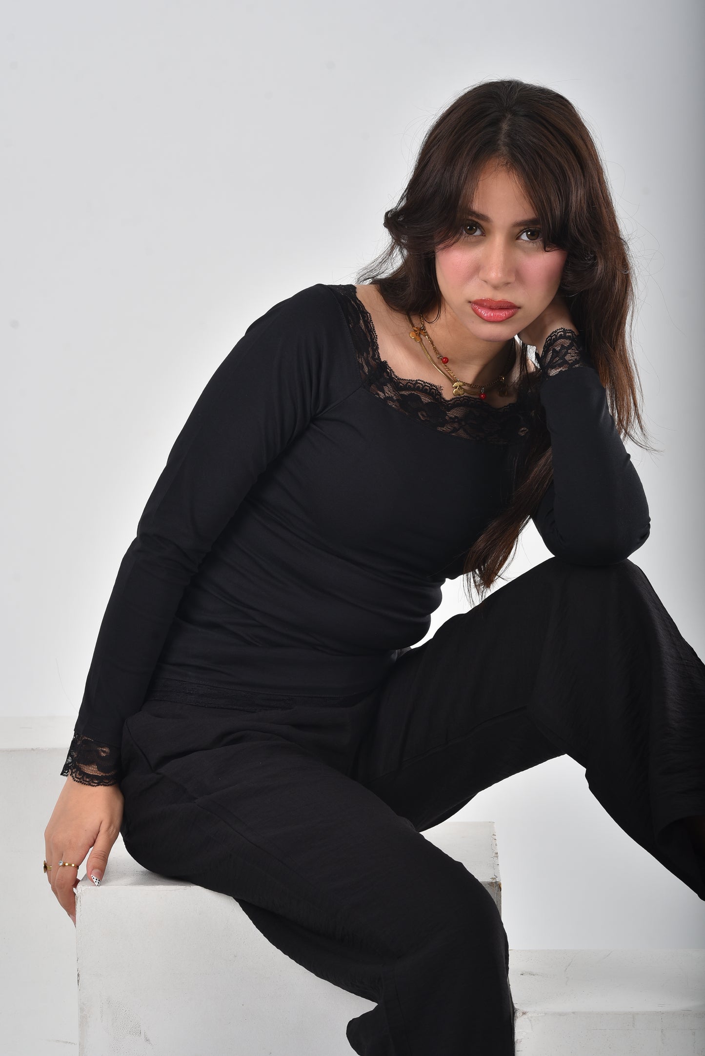 BLACK Stella Lace-Trim Long Sleeve