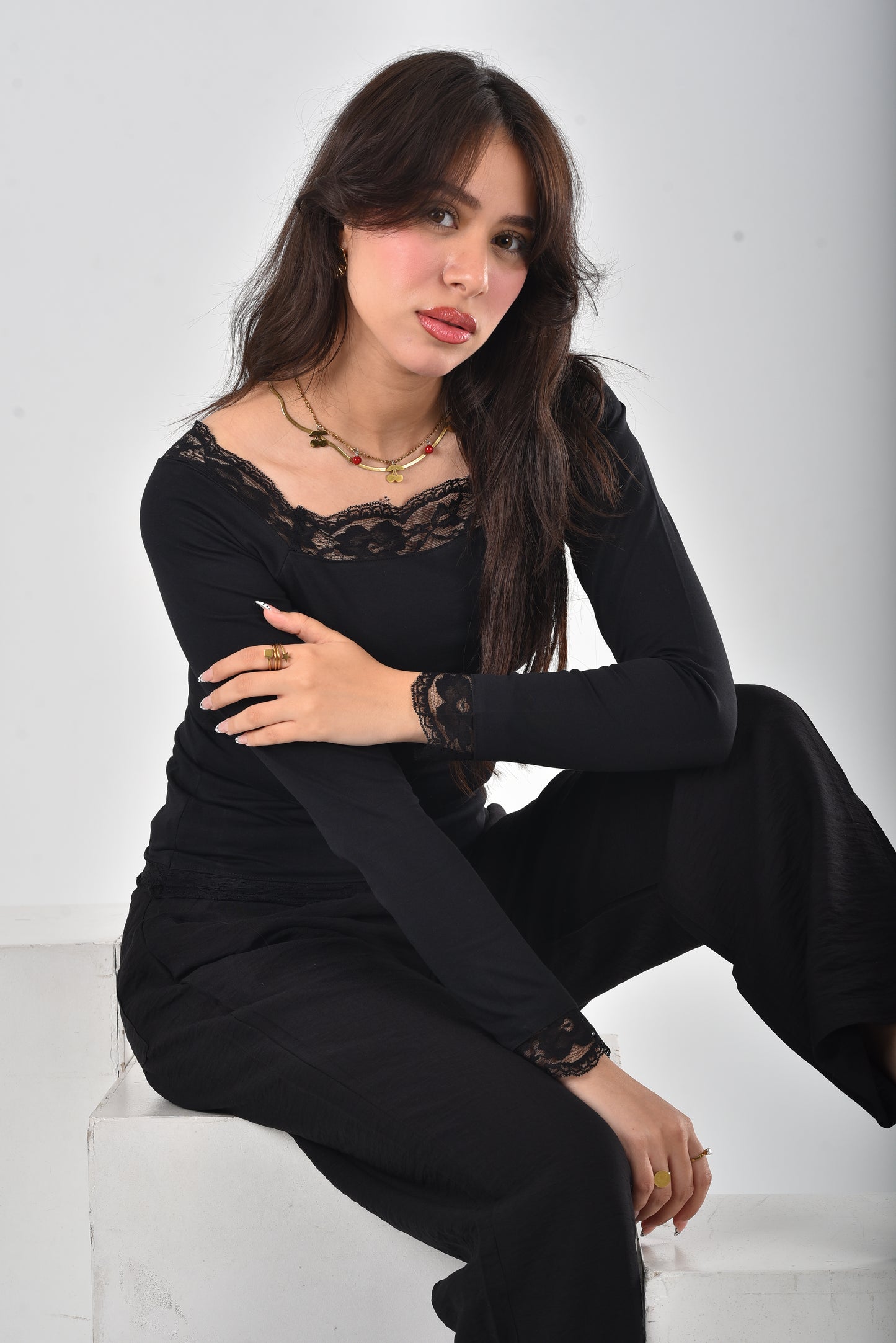BLACK Stella Lace-Trim Long Sleeve