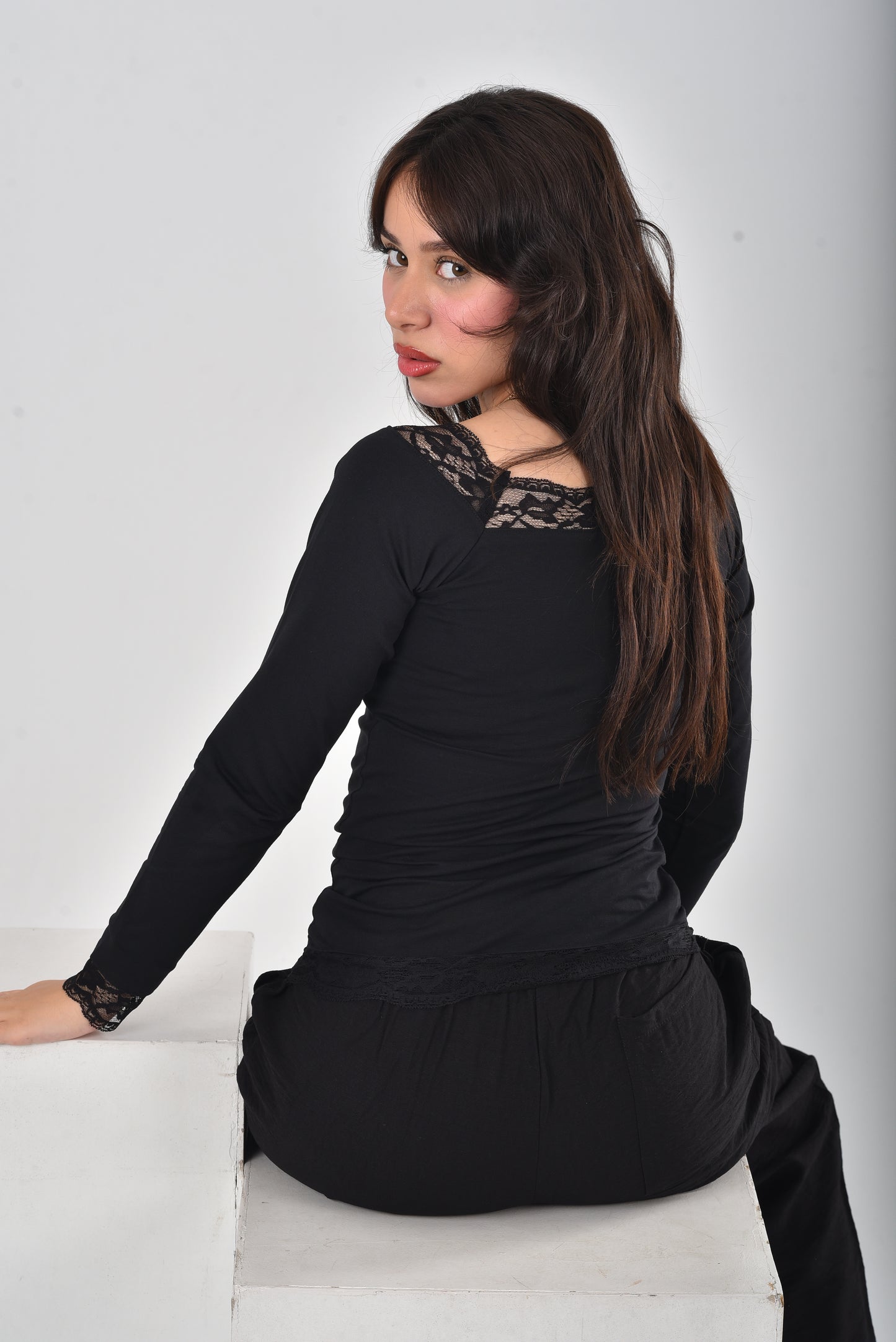 BLACK Stella Lace-Trim Long Sleeve