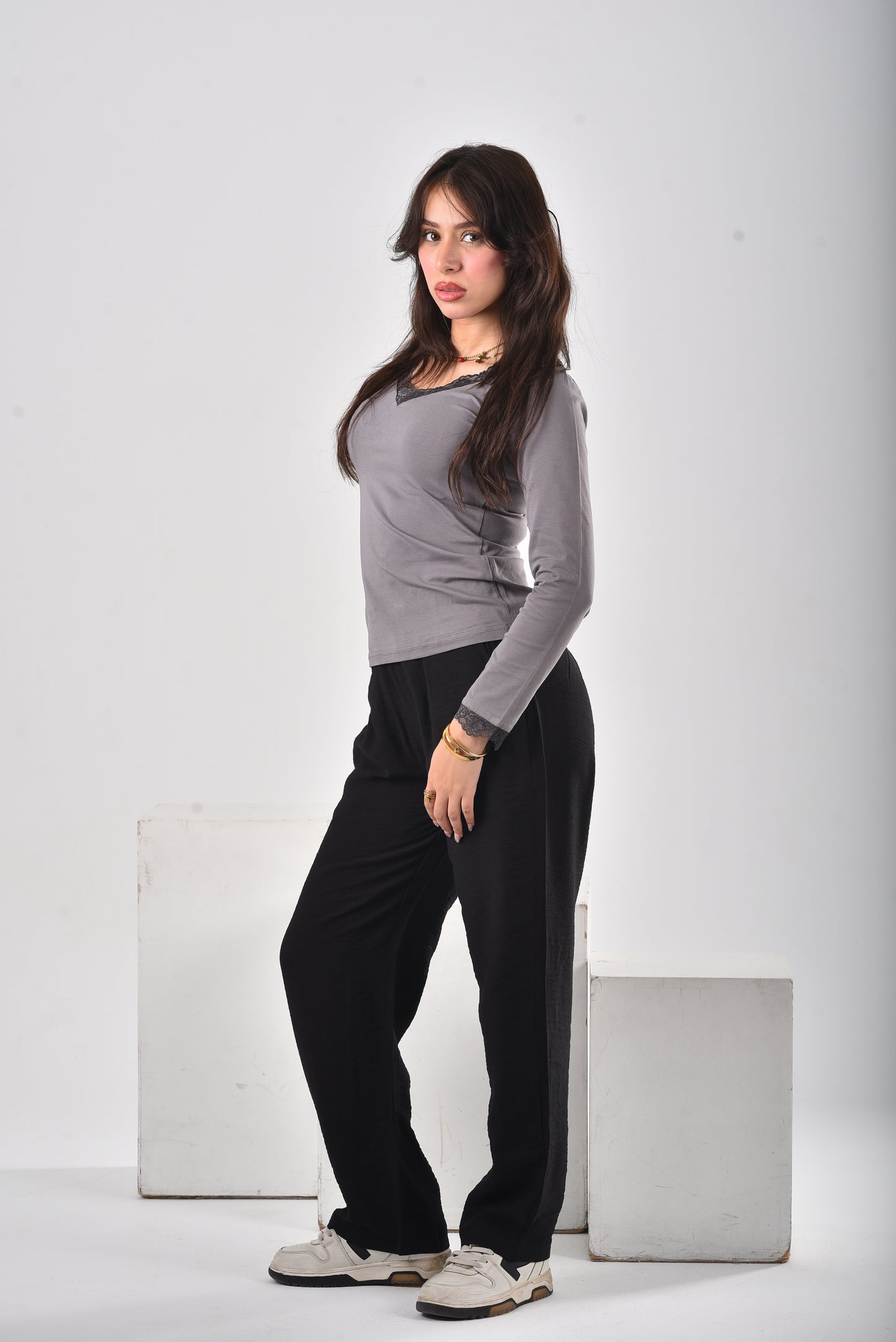 Grey Amara Lace-Trim V-Neck