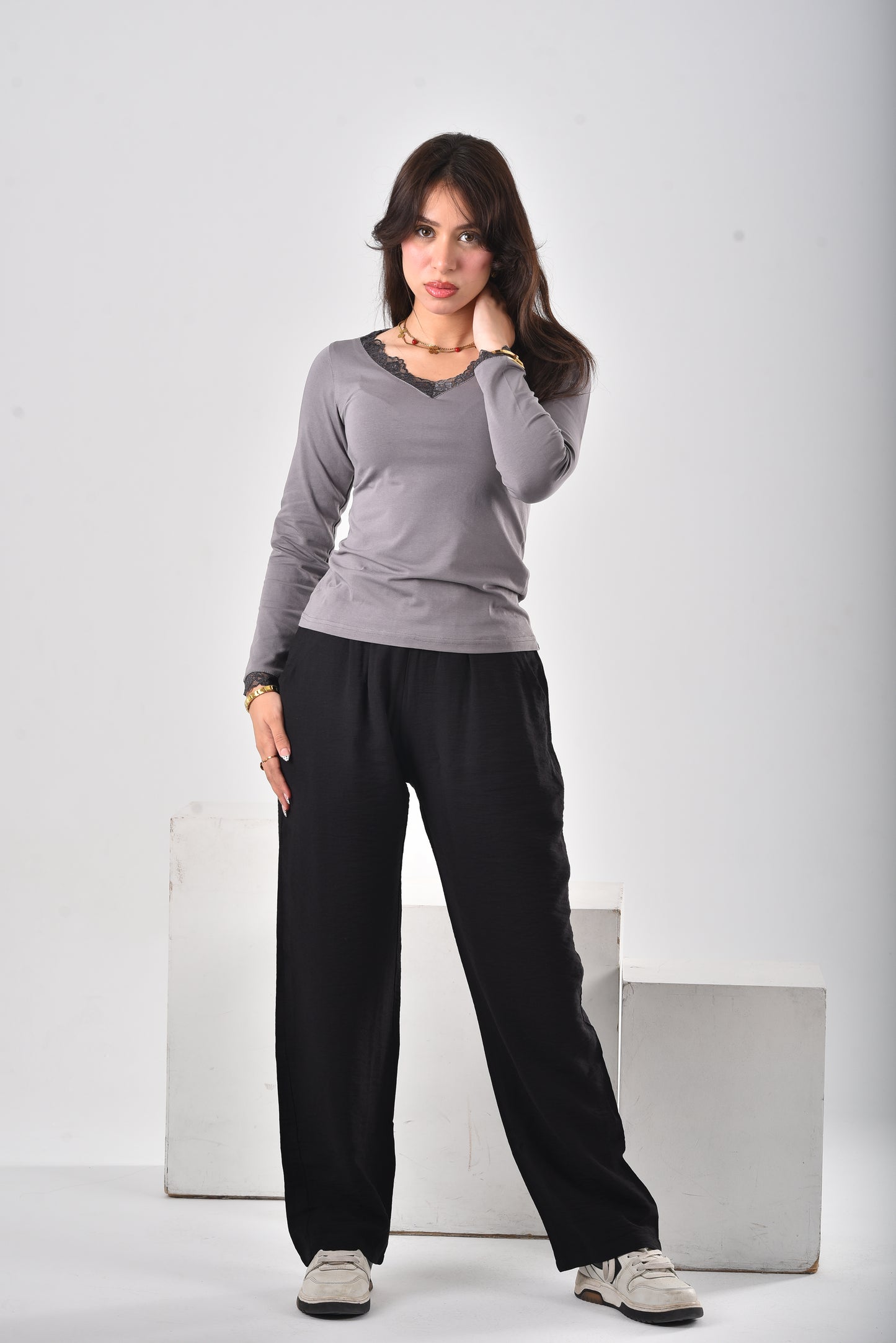 Grey Amara Lace-Trim V-Neck
