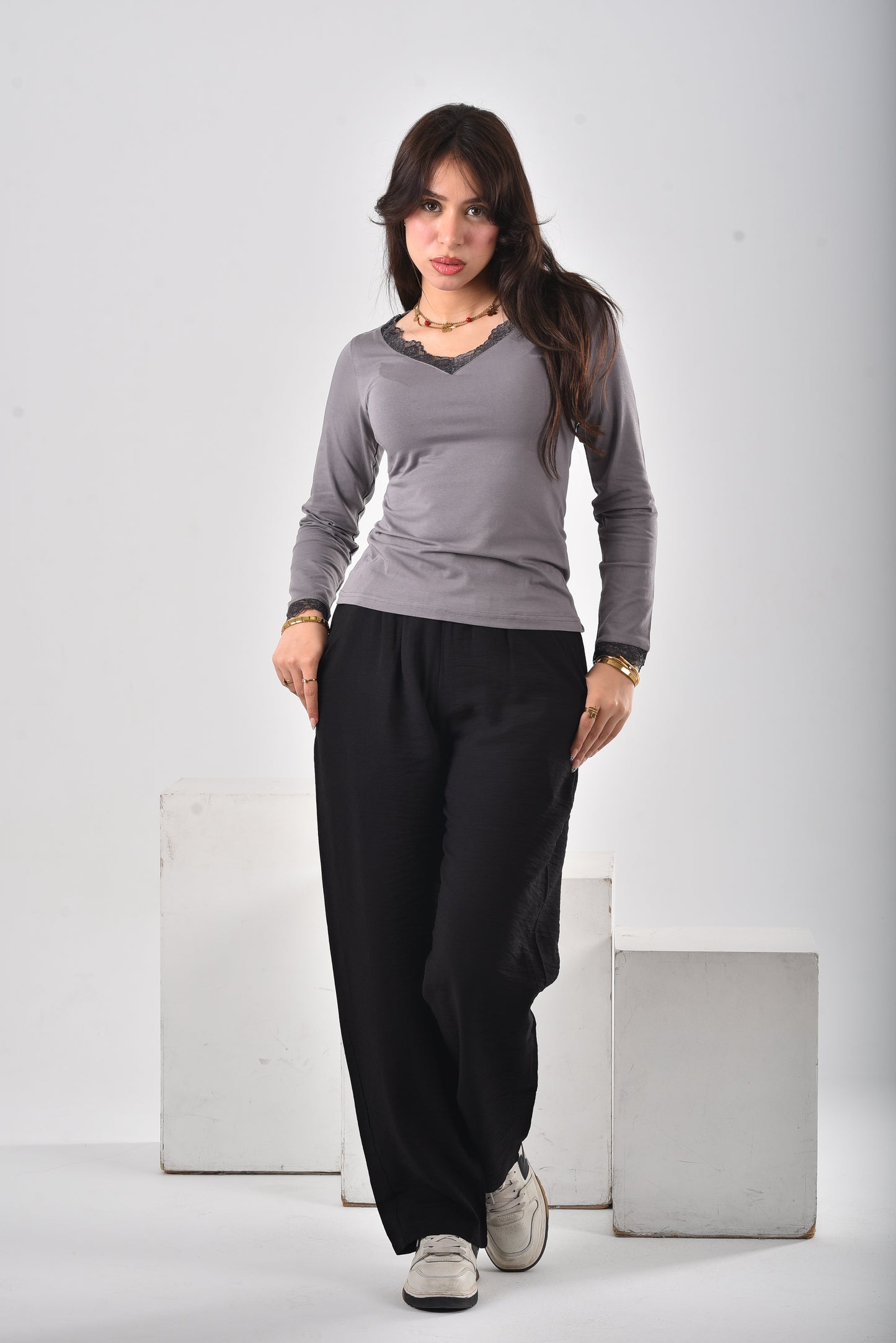Grey Amara Lace-Trim V-Neck