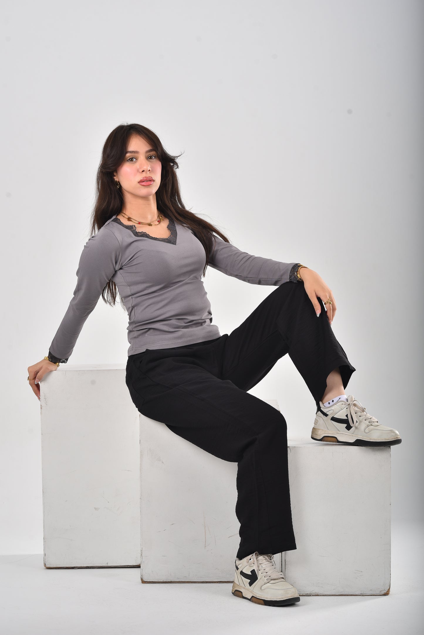 Grey Amara Lace-Trim V-Neck