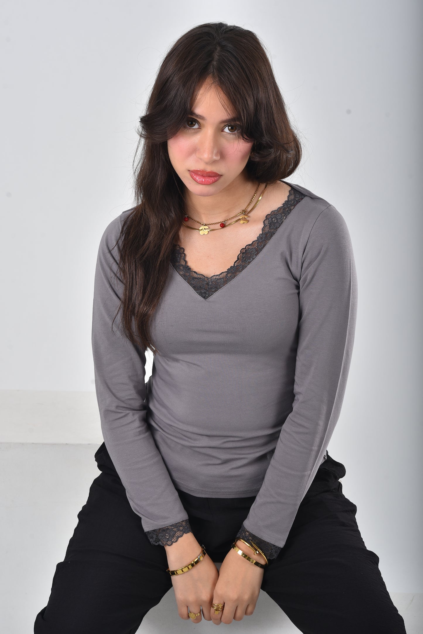 Grey Amara Lace-Trim V-Neck