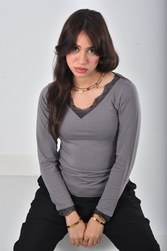 Grey Amara Lace-Trim V-Neck