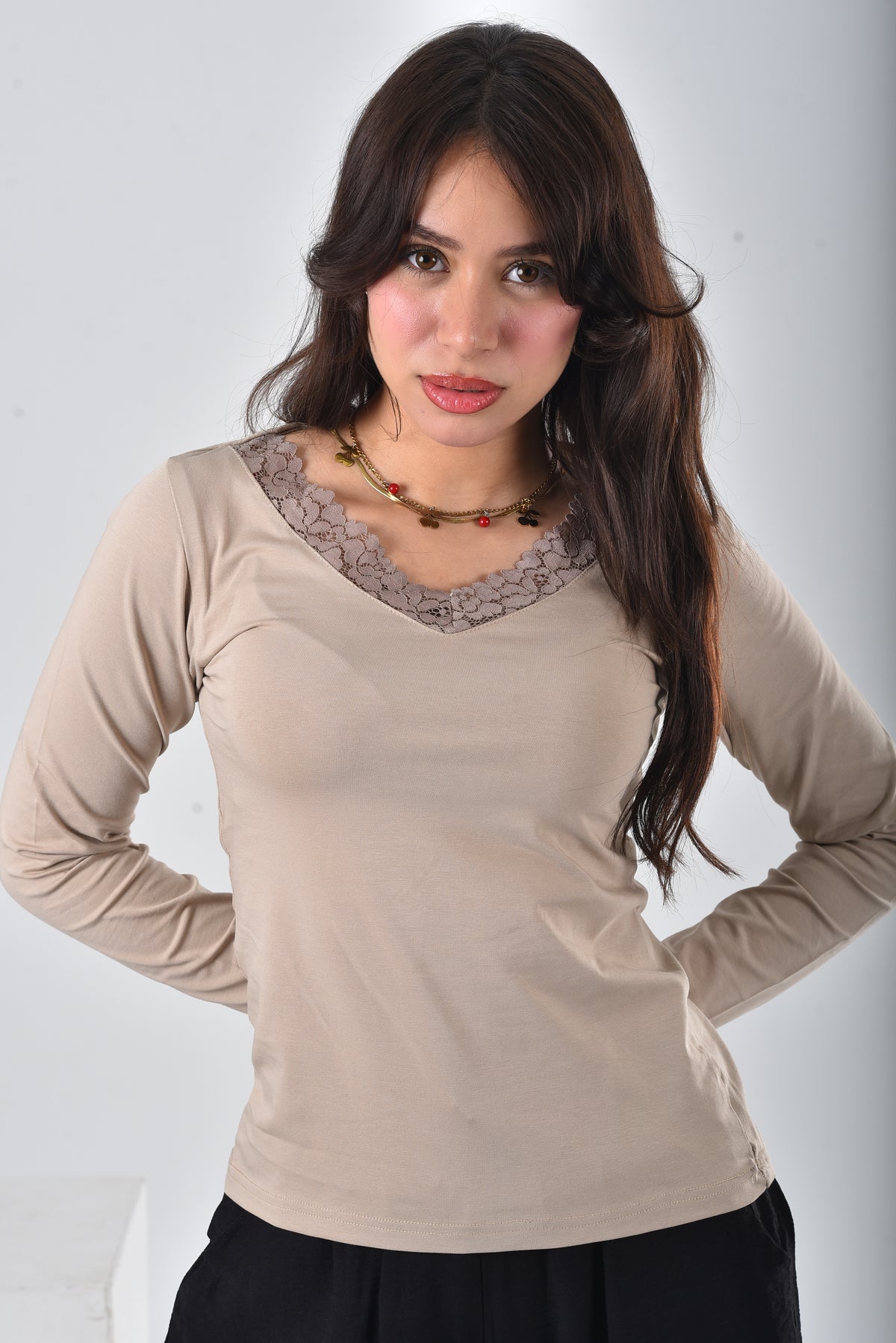 Beige Amara Lace-Trim V-Neck