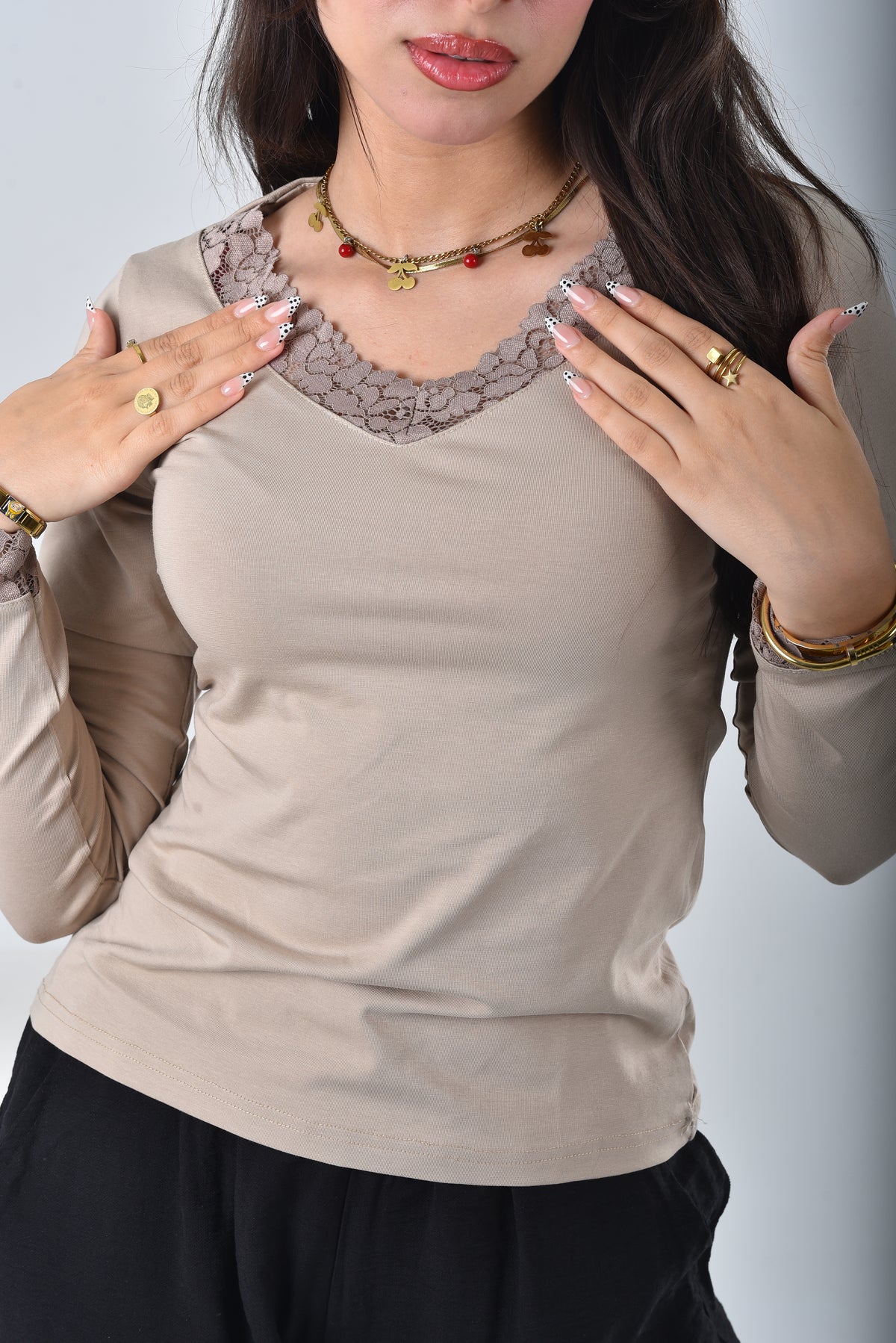 Beige Amara Lace-Trim V-Neck