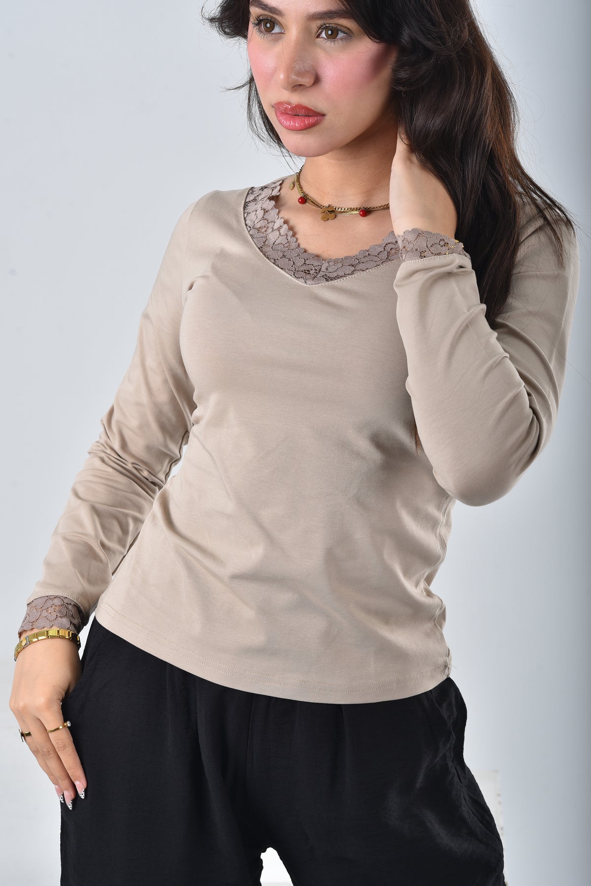 Beige Amara Lace-Trim V-Neck