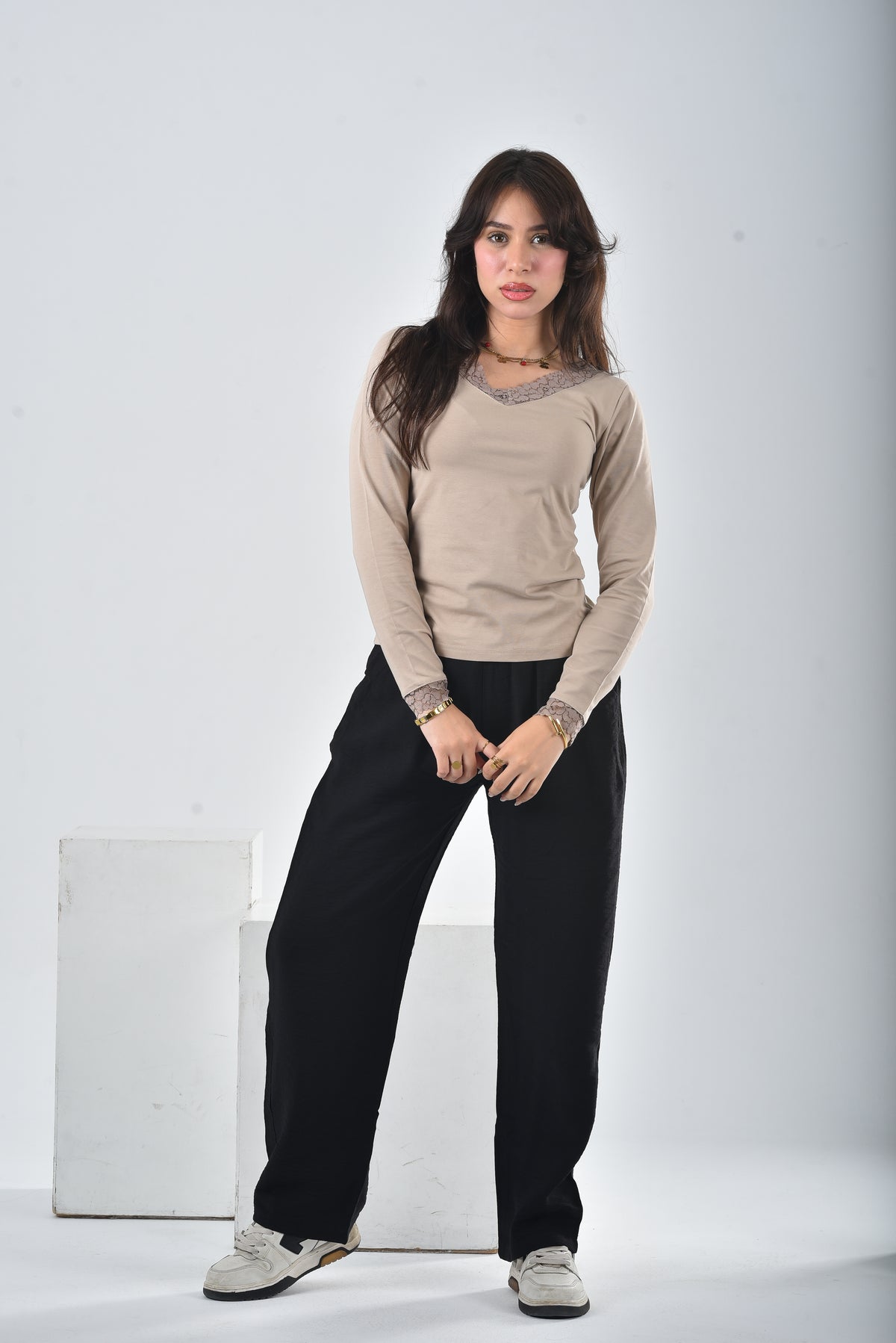 Beige Amara Lace-Trim V-Neck