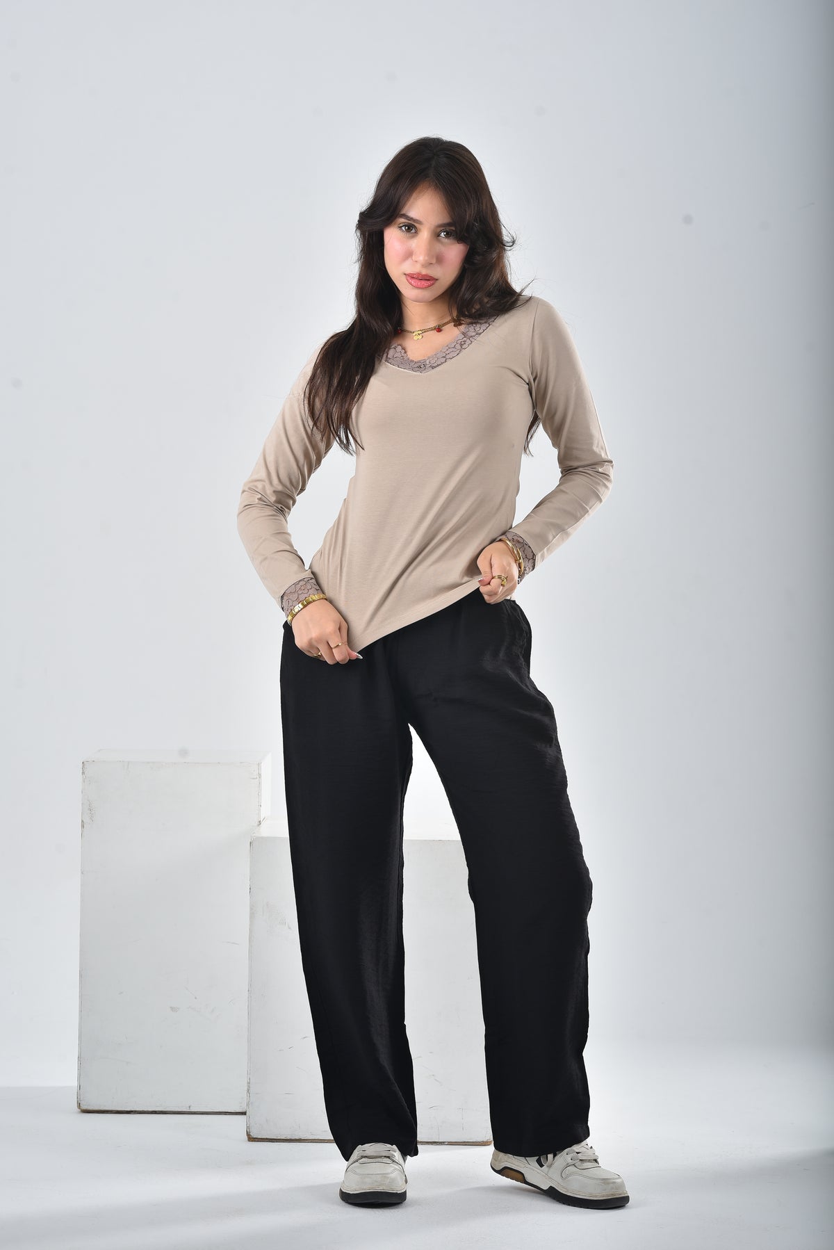 Beige Amara Lace-Trim V-Neck