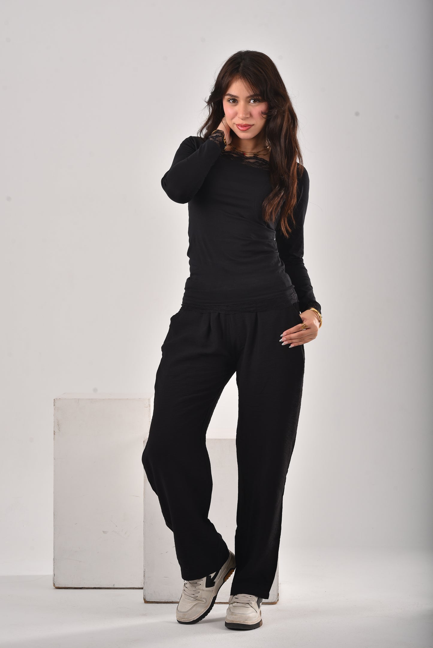 BLACK Stella Lace-Trim Long Sleeve