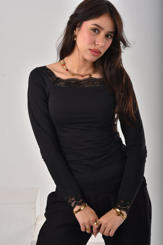 BLACK Stella Lace-Trim Long Sleeve
