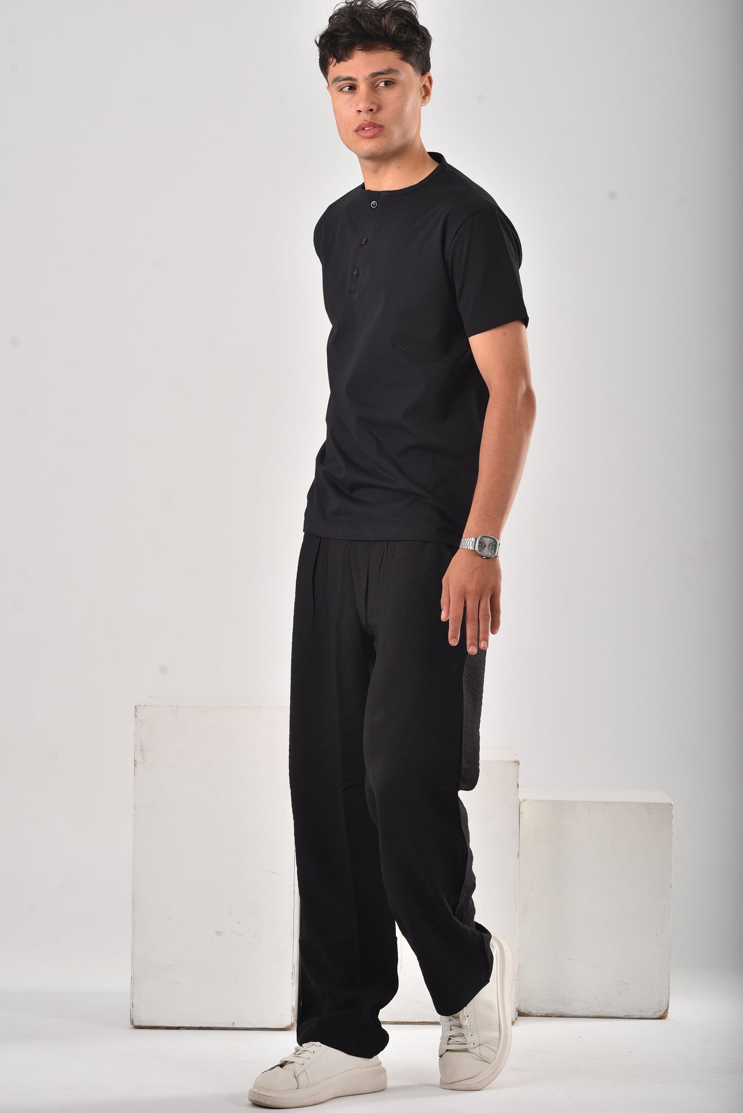 Black cotton Henley Tee