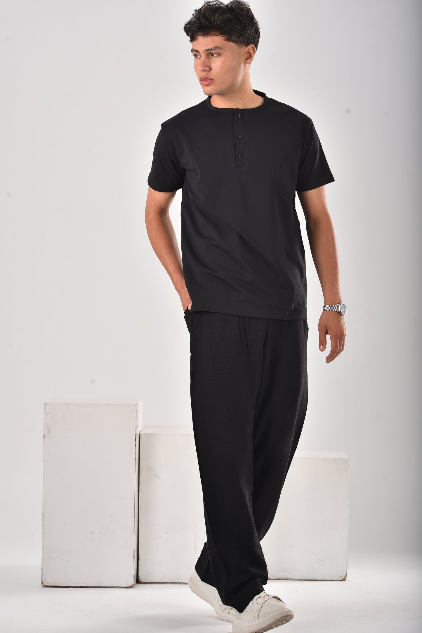 Black cotton Henley Tee