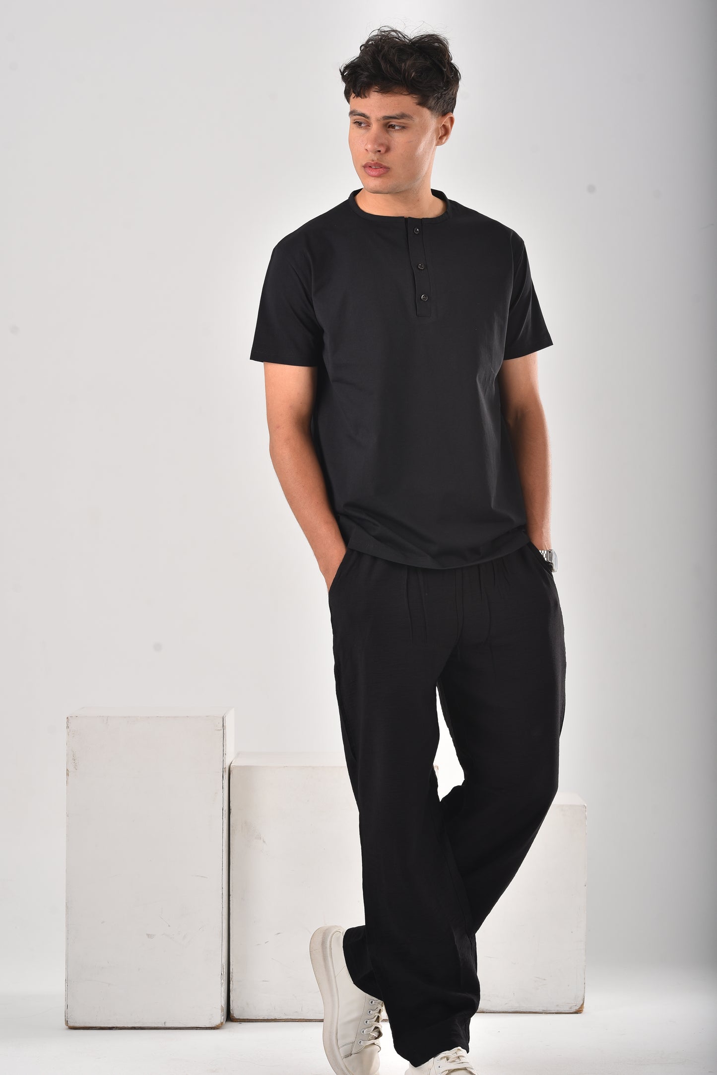 Black cotton Henley Tee