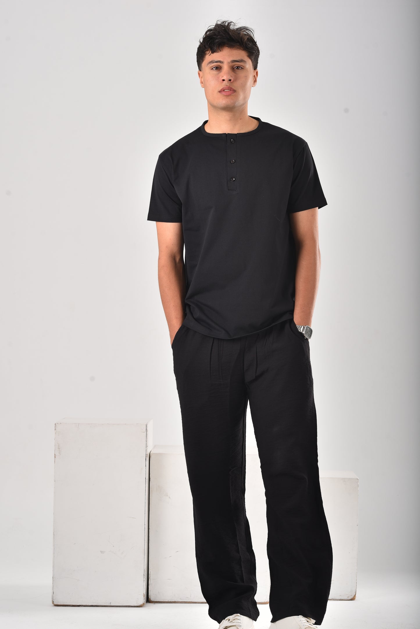 Black cotton Henley Tee