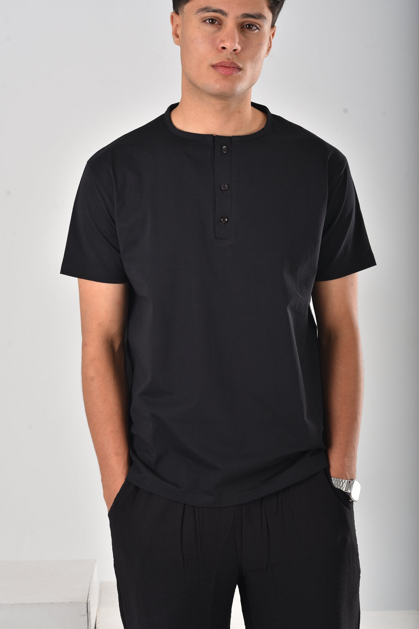 Black cotton Henley Tee