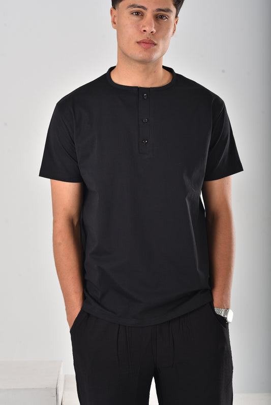 Black cotton Henley Tee