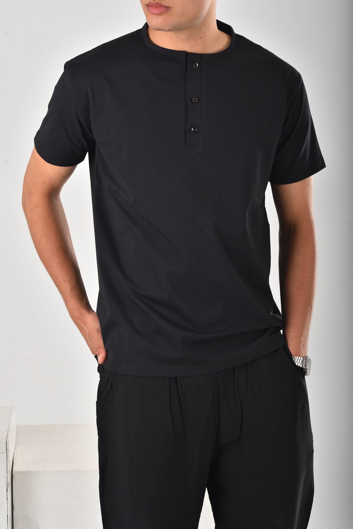 Black cotton Henley Tee