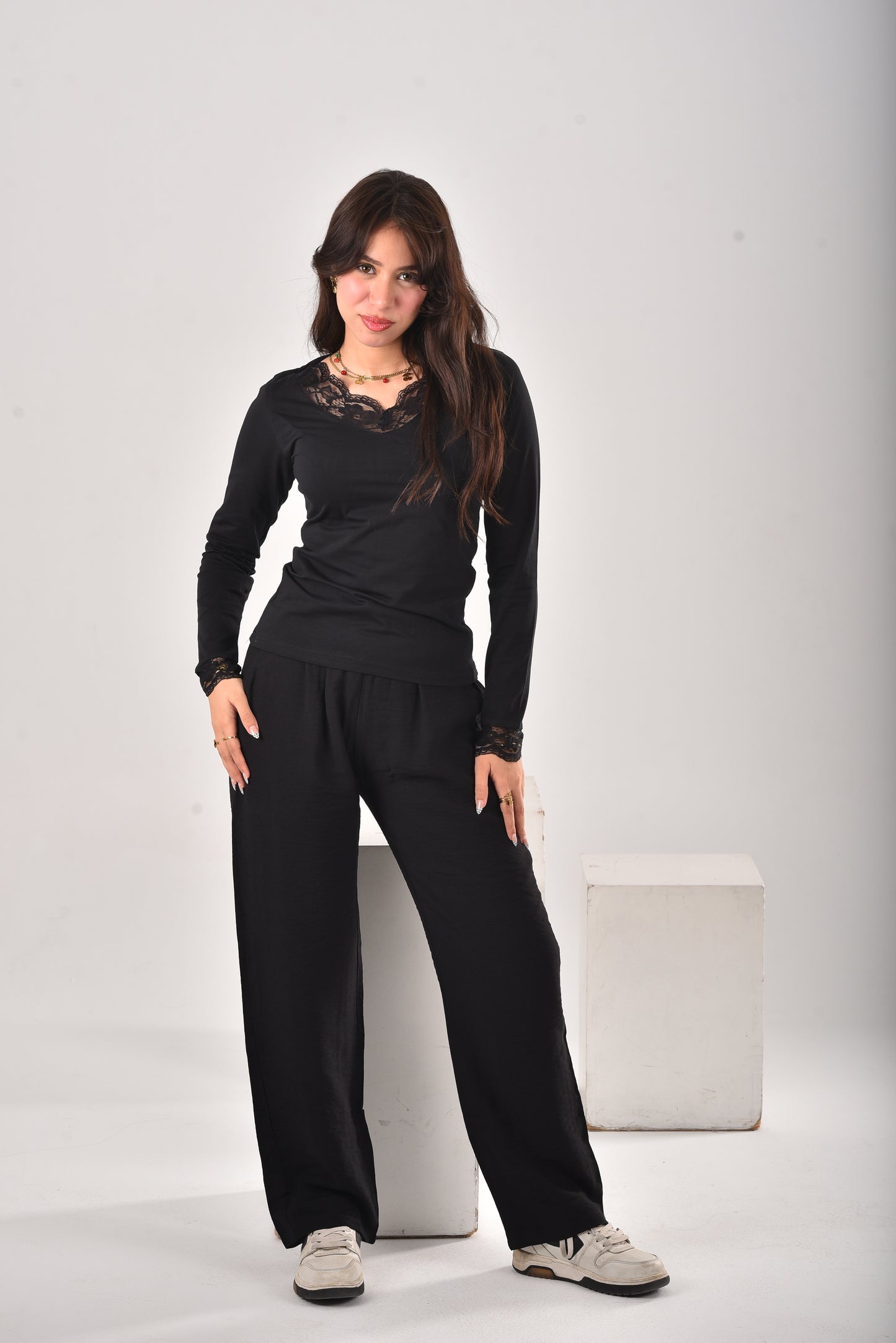Black Amara Lace-Trim V-Neck