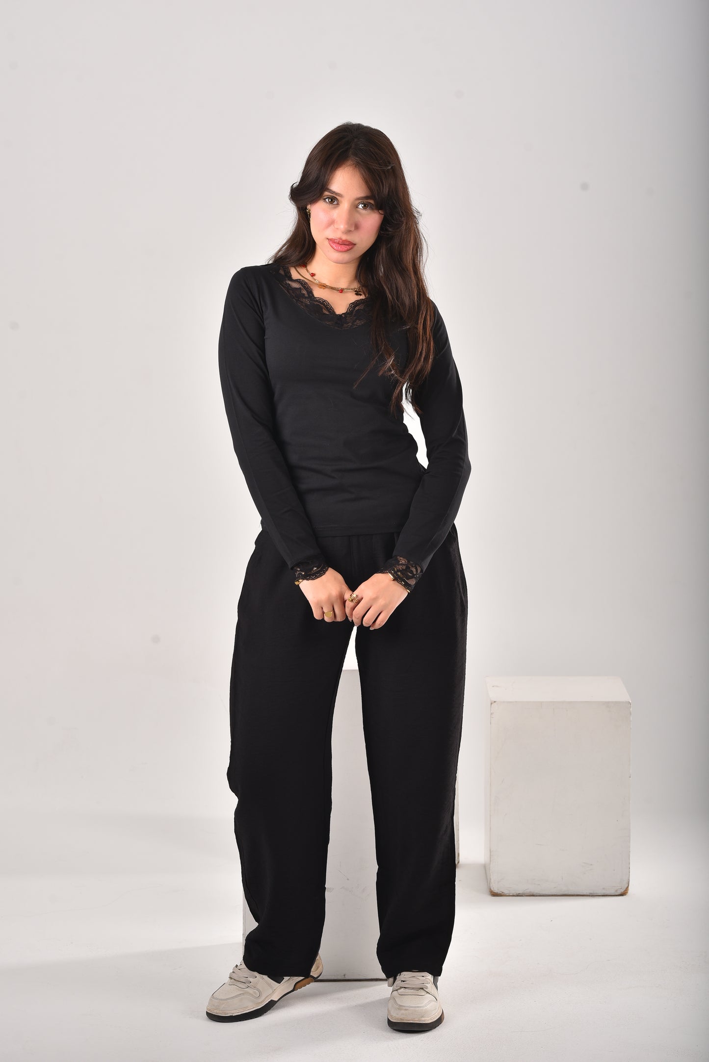 Black Amara Lace-Trim V-Neck