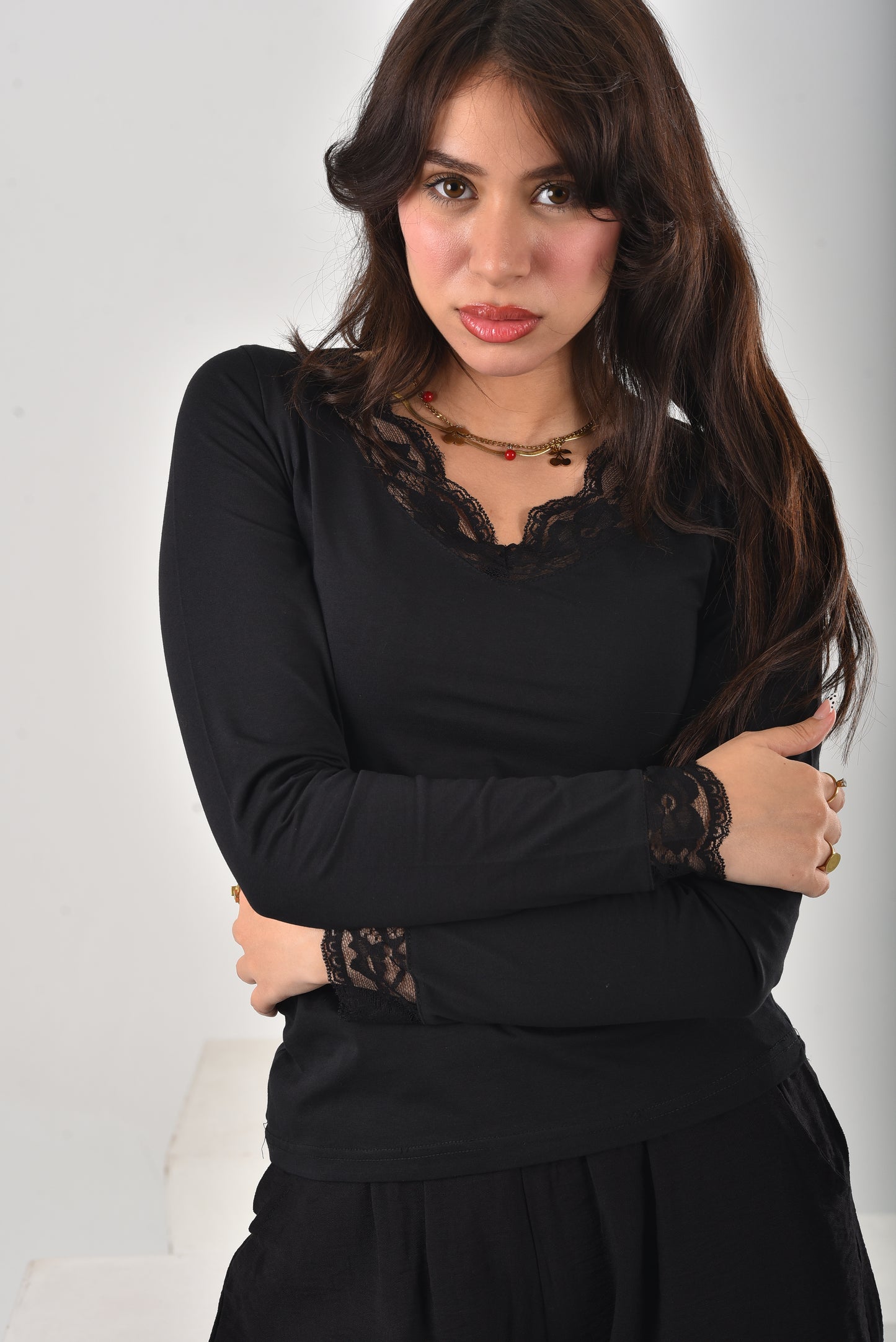 Black Amara Lace-Trim V-Neck