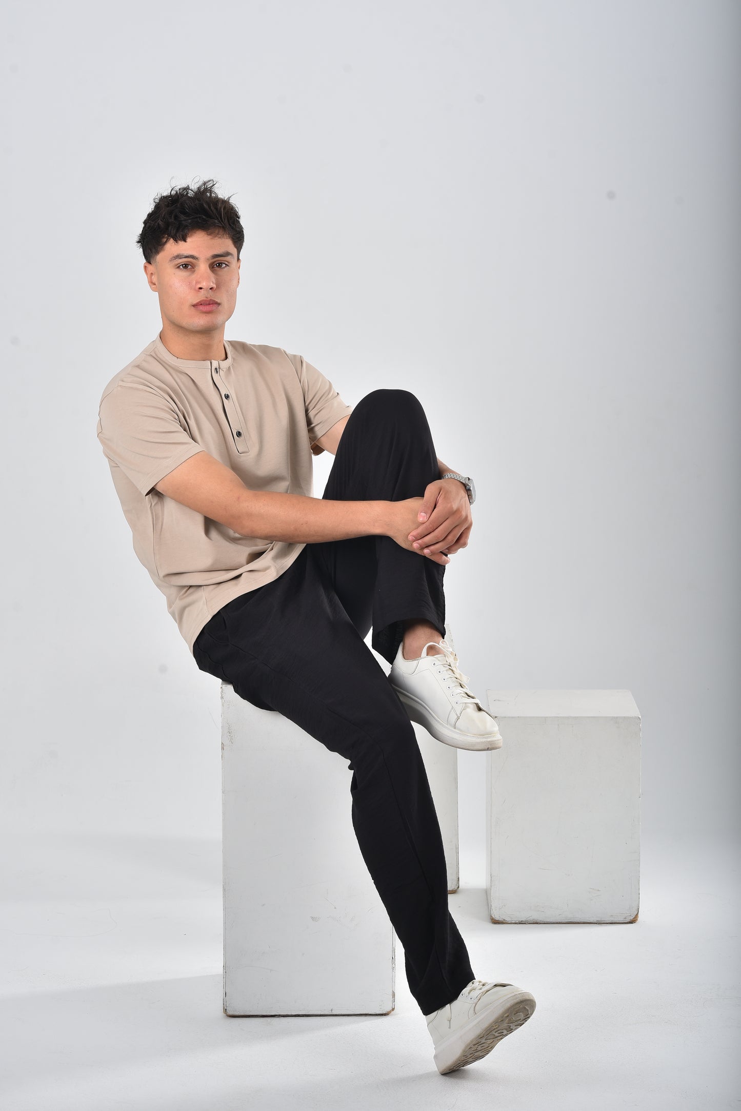 Beige cotton Henley Tee