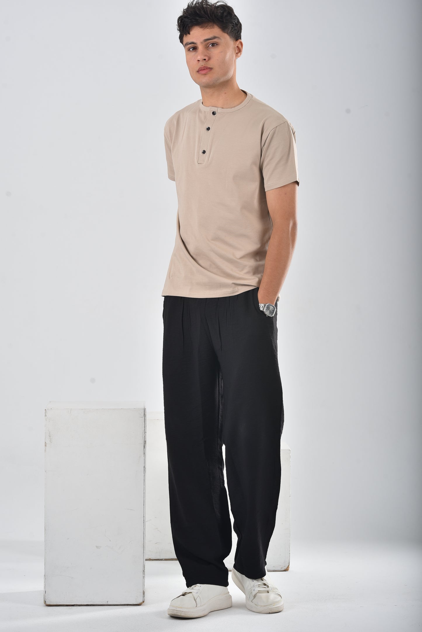Beige cotton Henley Tee