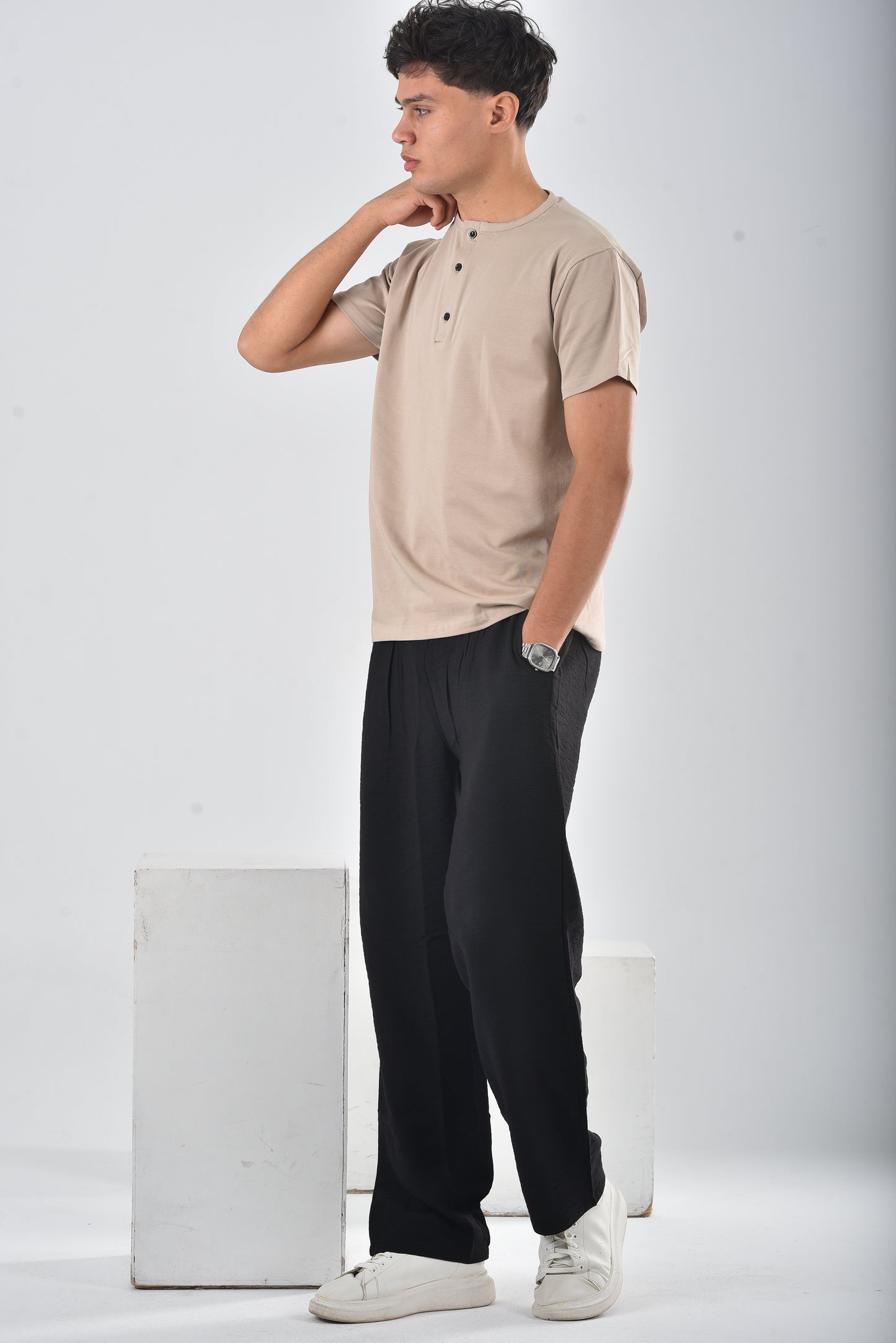 Beige cotton Henley Tee