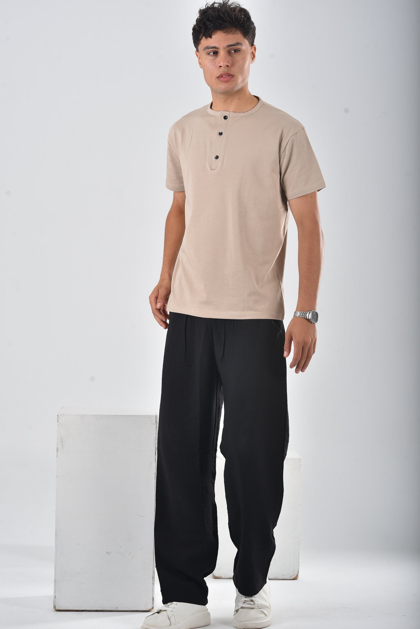 Beige cotton Henley Tee