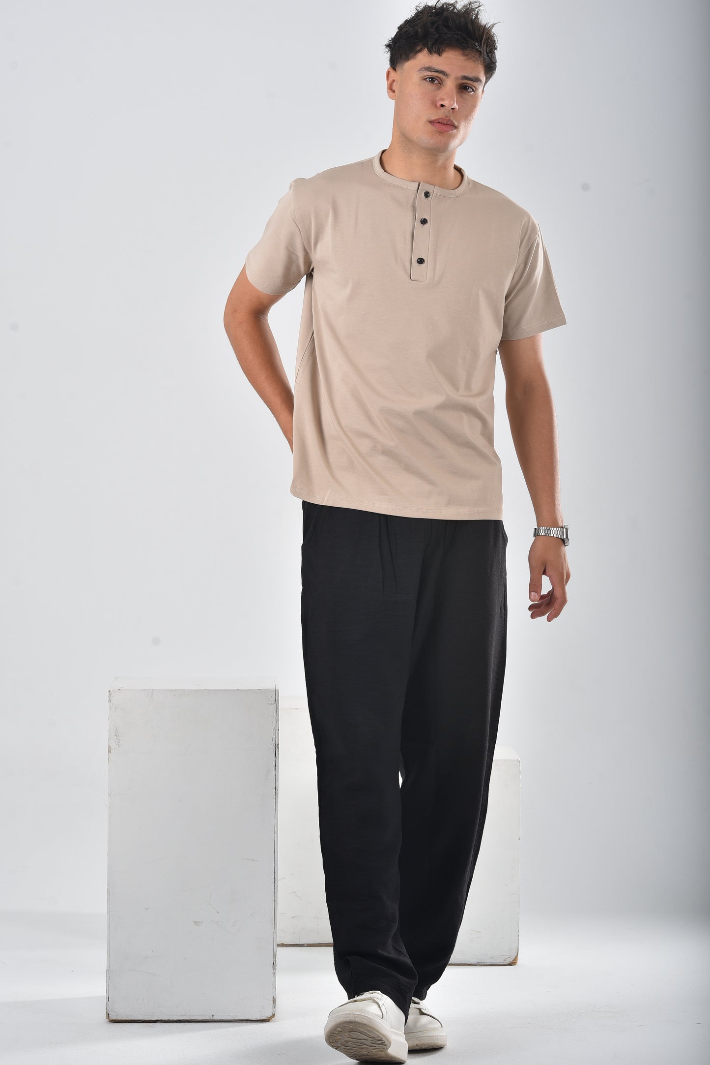 Beige cotton Henley Tee