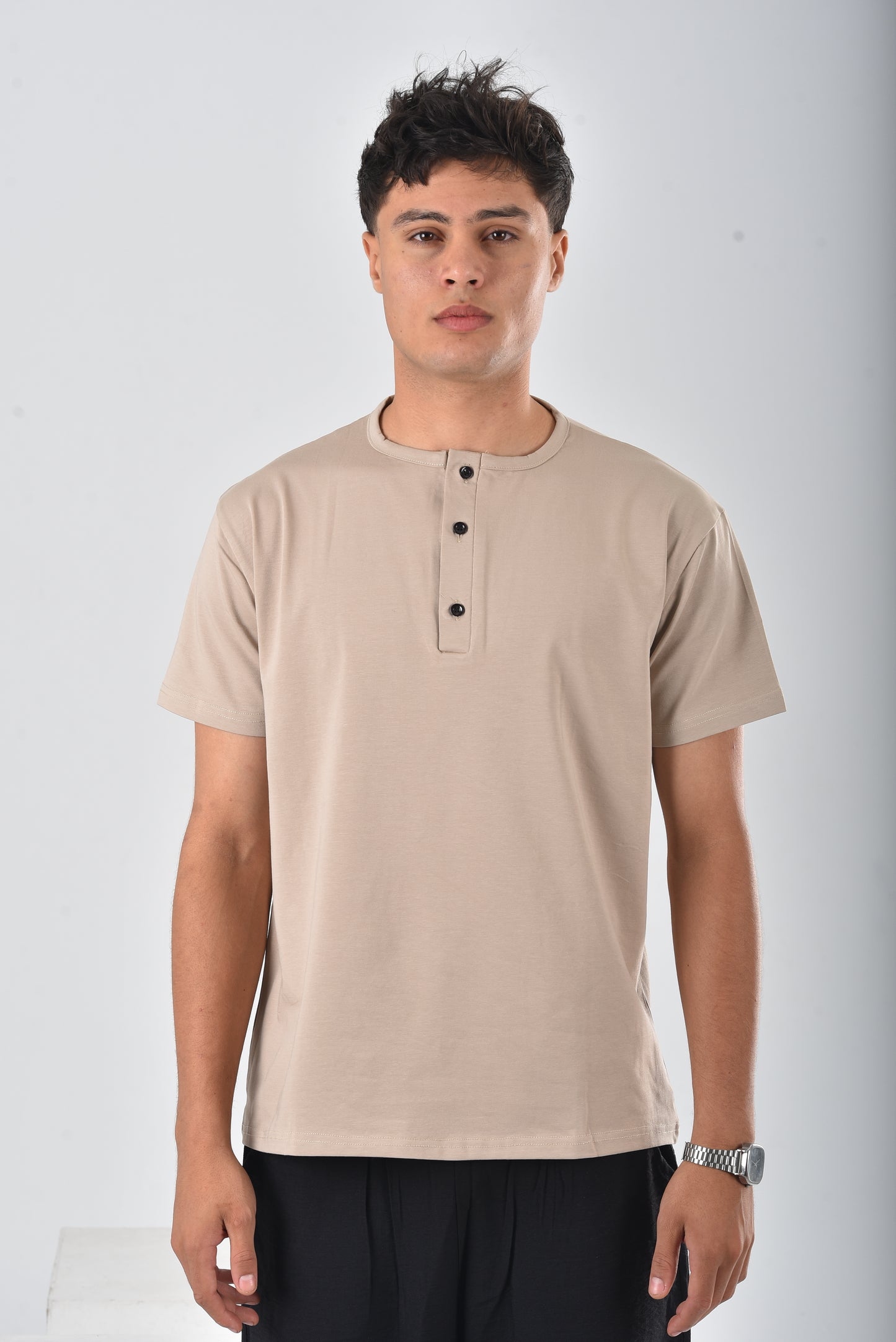 Beige cotton Henley Tee