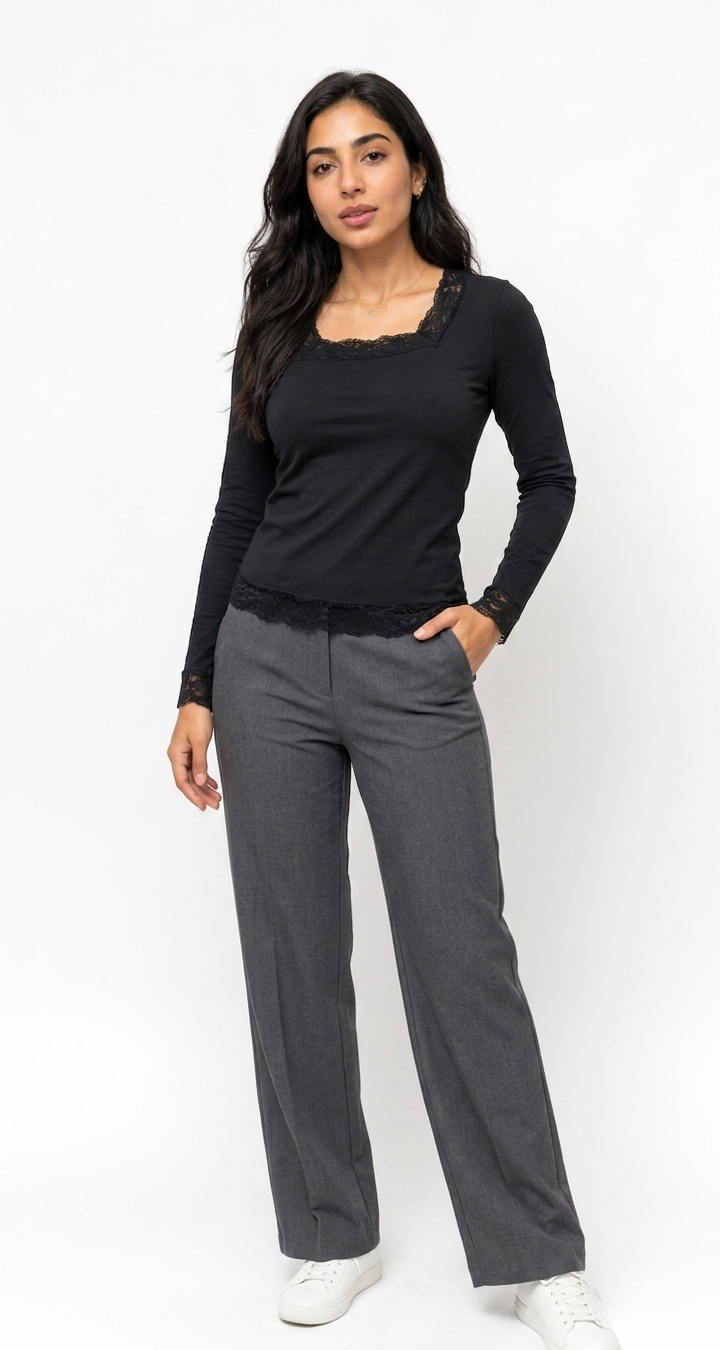BLACK Stella Lace-Trim Long Sleeve