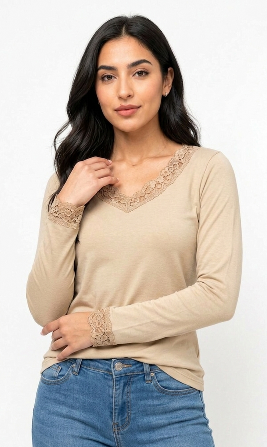 Beige Amara Lace-Trim V-Neck