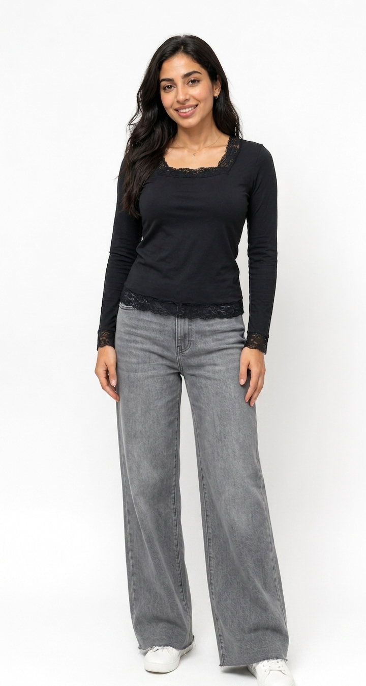 BLACK Stella Lace-Trim Long Sleeve