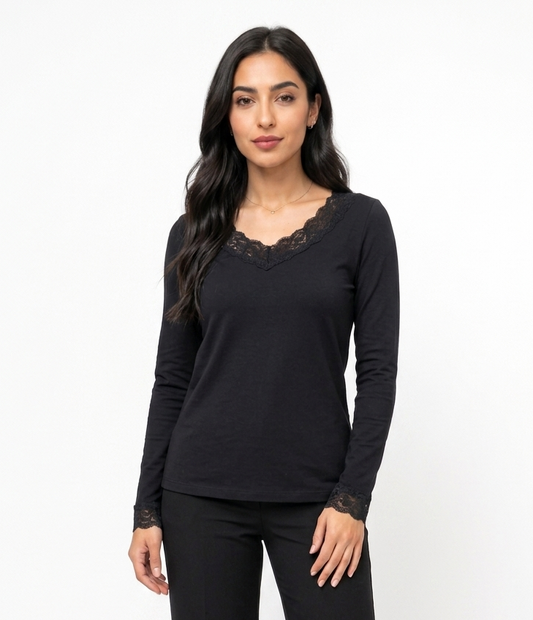 Black Amara Lace-Trim V-Neck