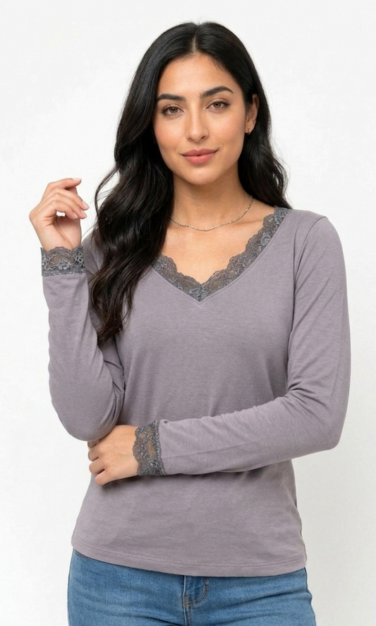 Grey Amara Lace-Trim V-Neck