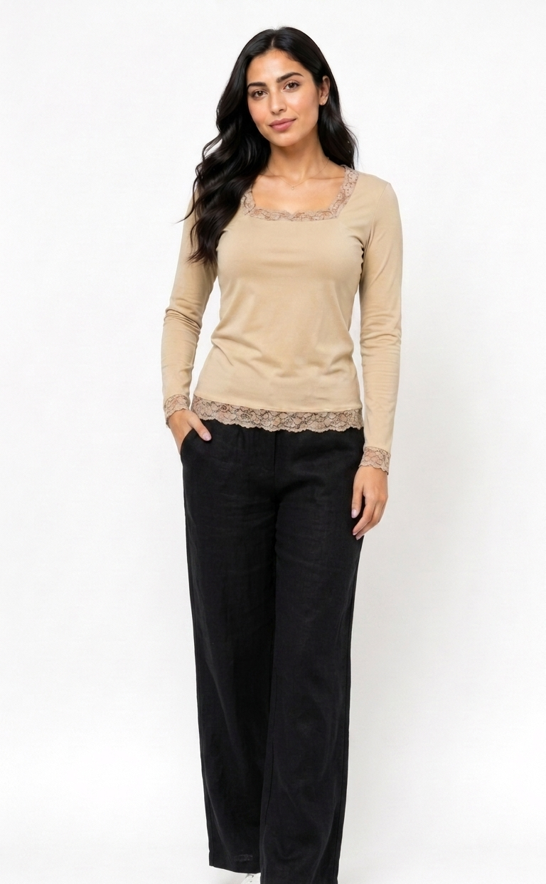 Beige Stella Lace-Trim Long Sleeve