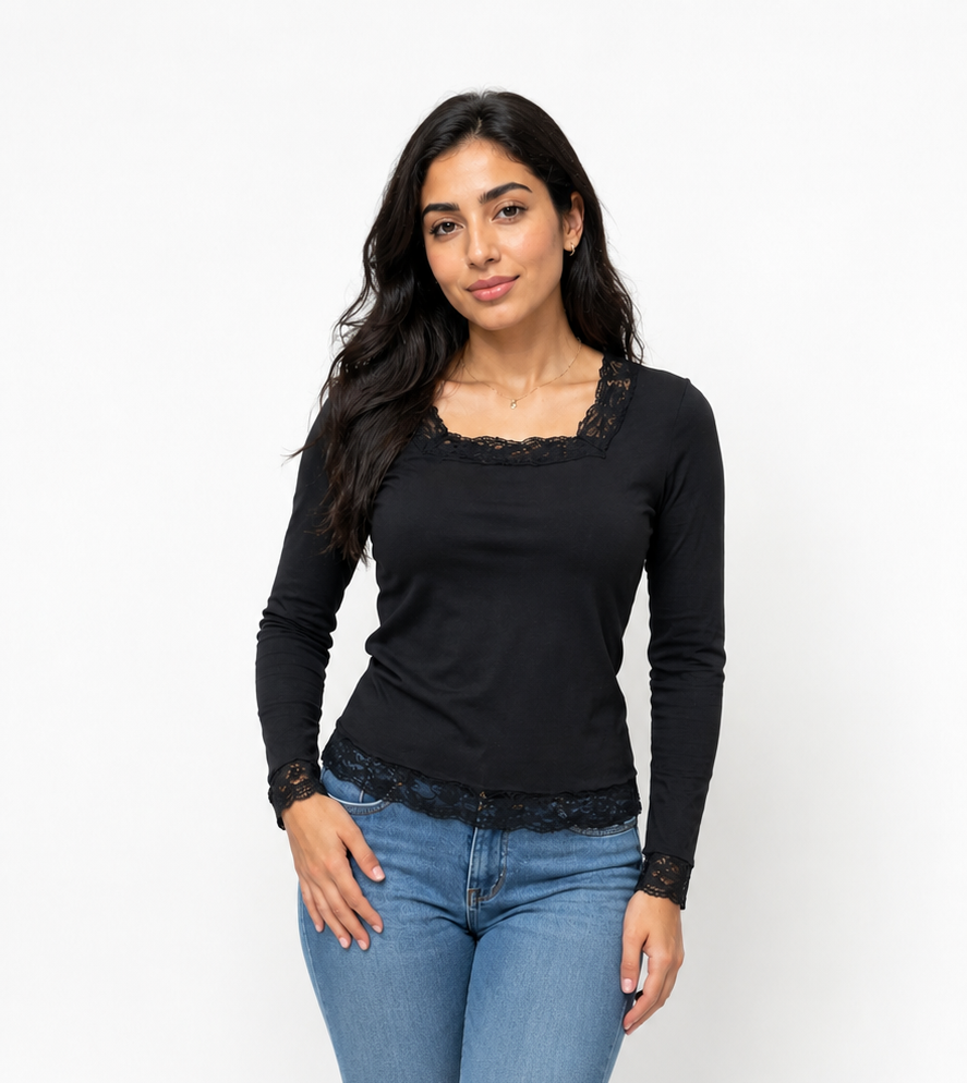 BLACK Stella Lace-Trim Long Sleeve