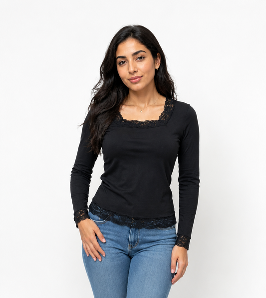 BLACK Stella Lace-Trim Long Sleeve